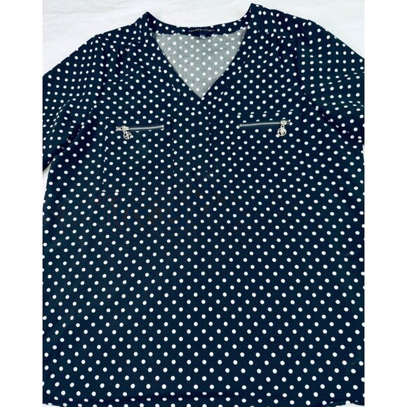 Adrienne Vittadini Polka Dot Blouse L Black & White Zip Accents - Picture 3 of 13